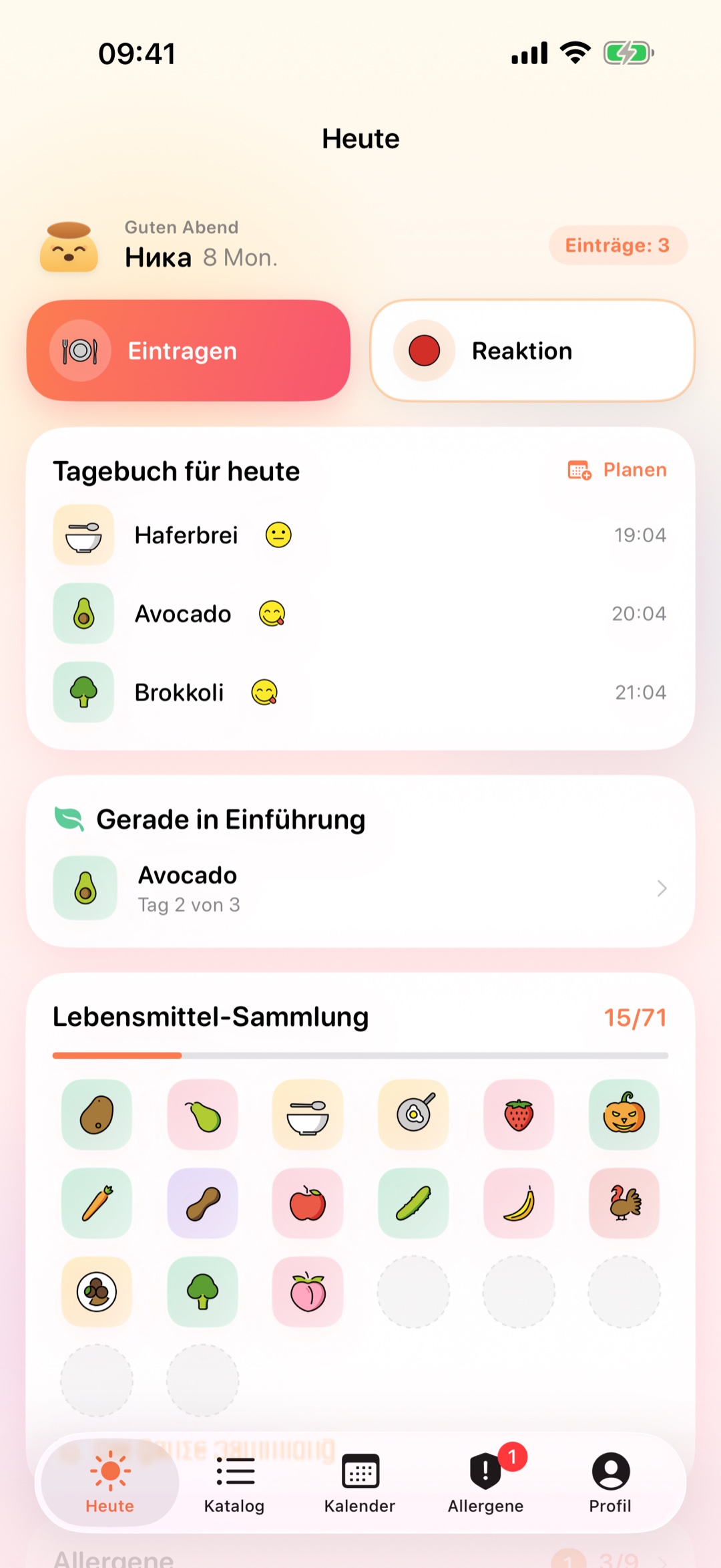 Startbildschirm von Pudding: Tagebuch von heute und Lebensmittel-Sammlung