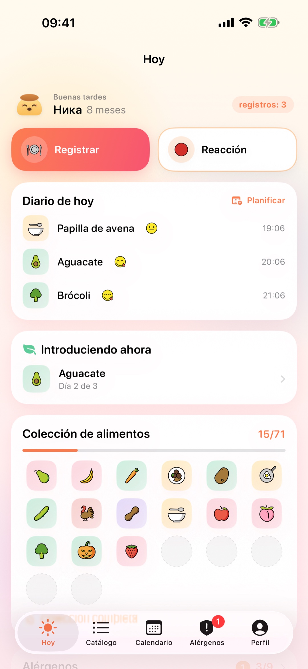 Pantalla de inicio de Pudding: diario de hoy y colección de alimentos