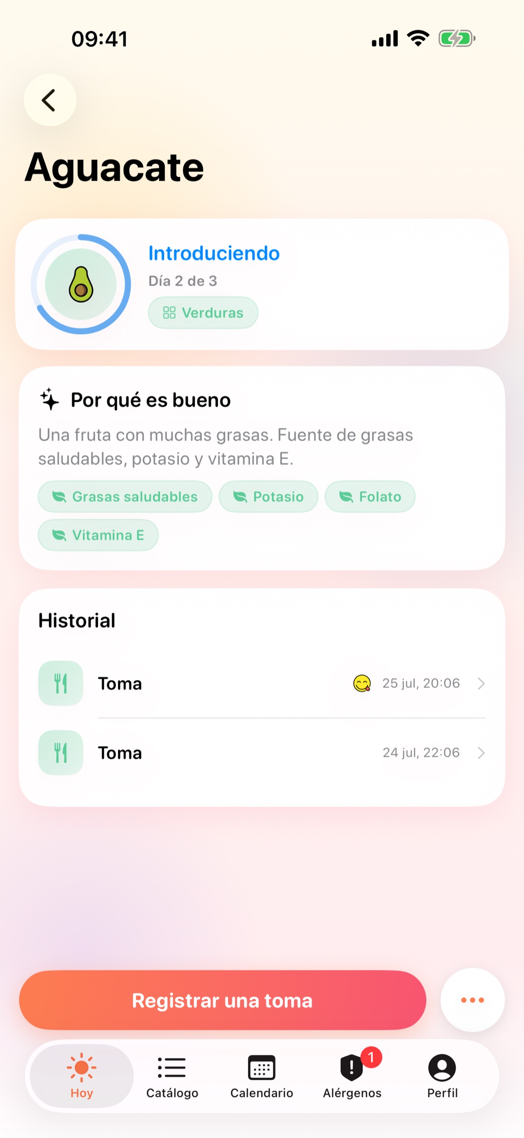Ficha del alimento con la ventana de observación, día 2 de 3