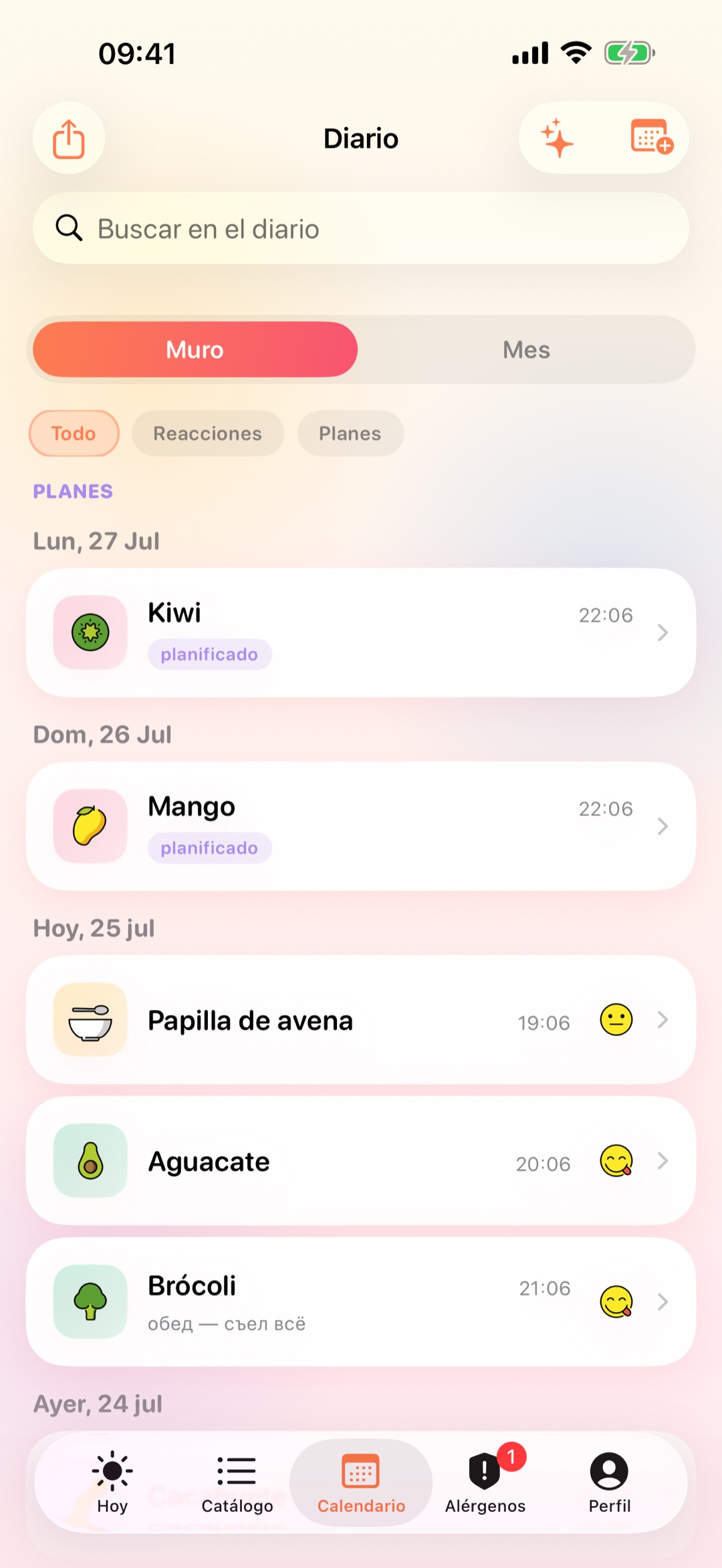 Historial de calendario con filtros y tomas planificadas