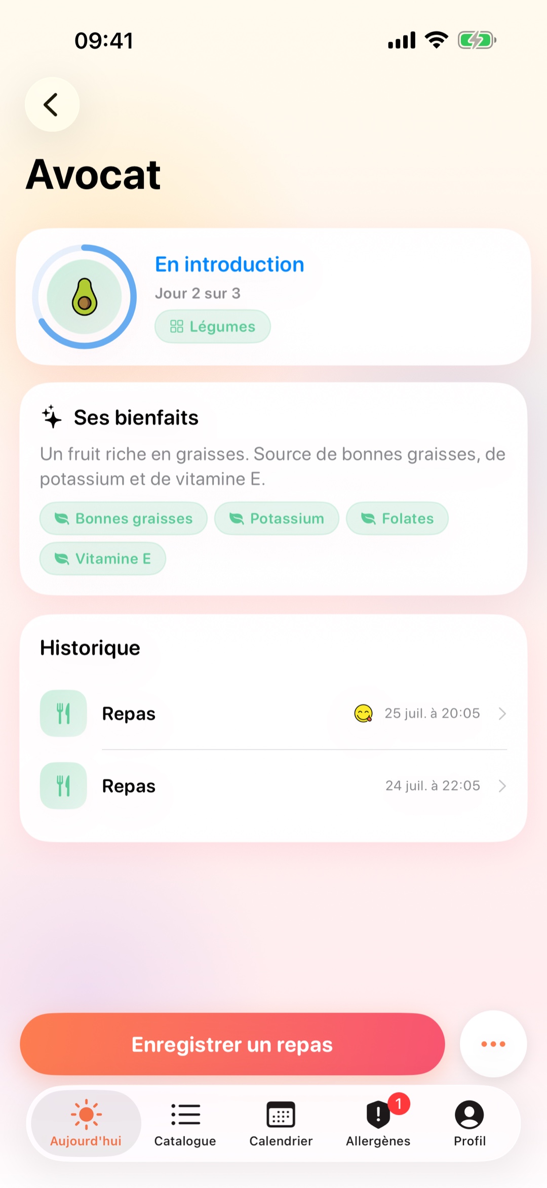 Fiche aliment avec la fenêtre d'observation, jour 2 sur 3