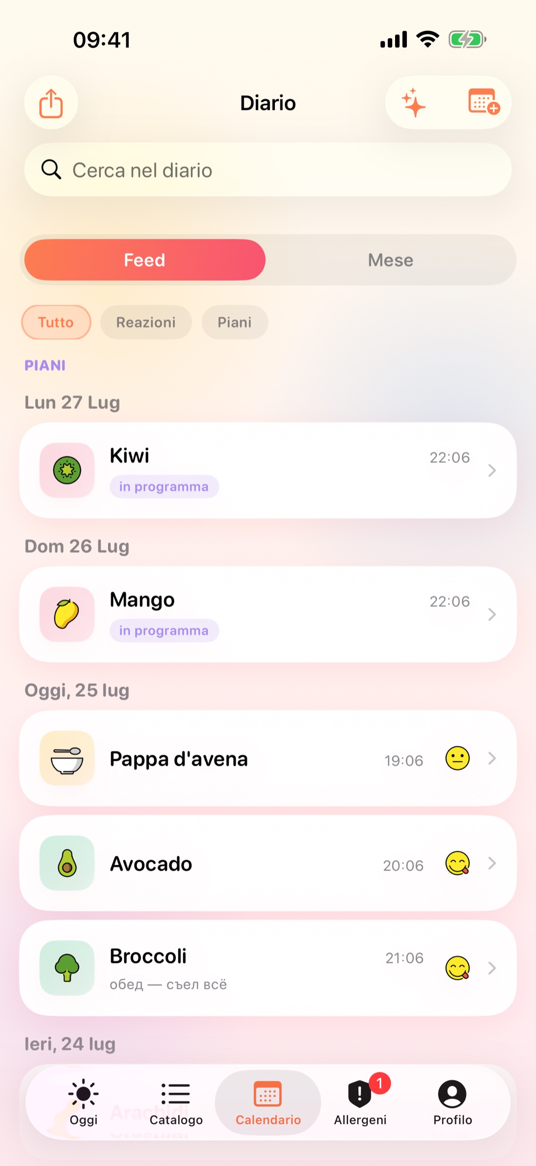 Cronologia a calendario con filtri e pappe pianificate