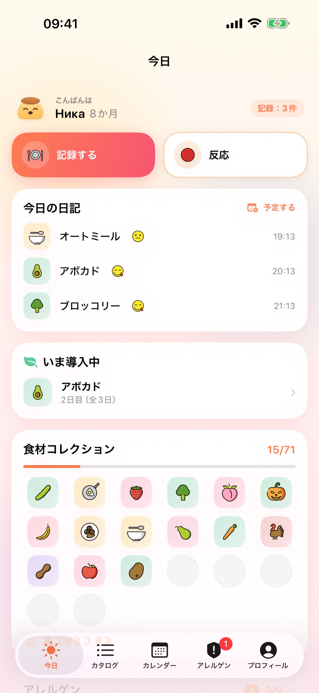 Pudding のホーム画面：今日の記録と食材コレクション