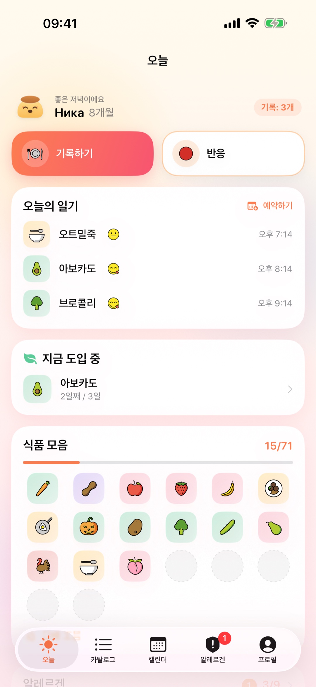 Pudding 홈 화면: 오늘의 기록과 재료 컬렉션