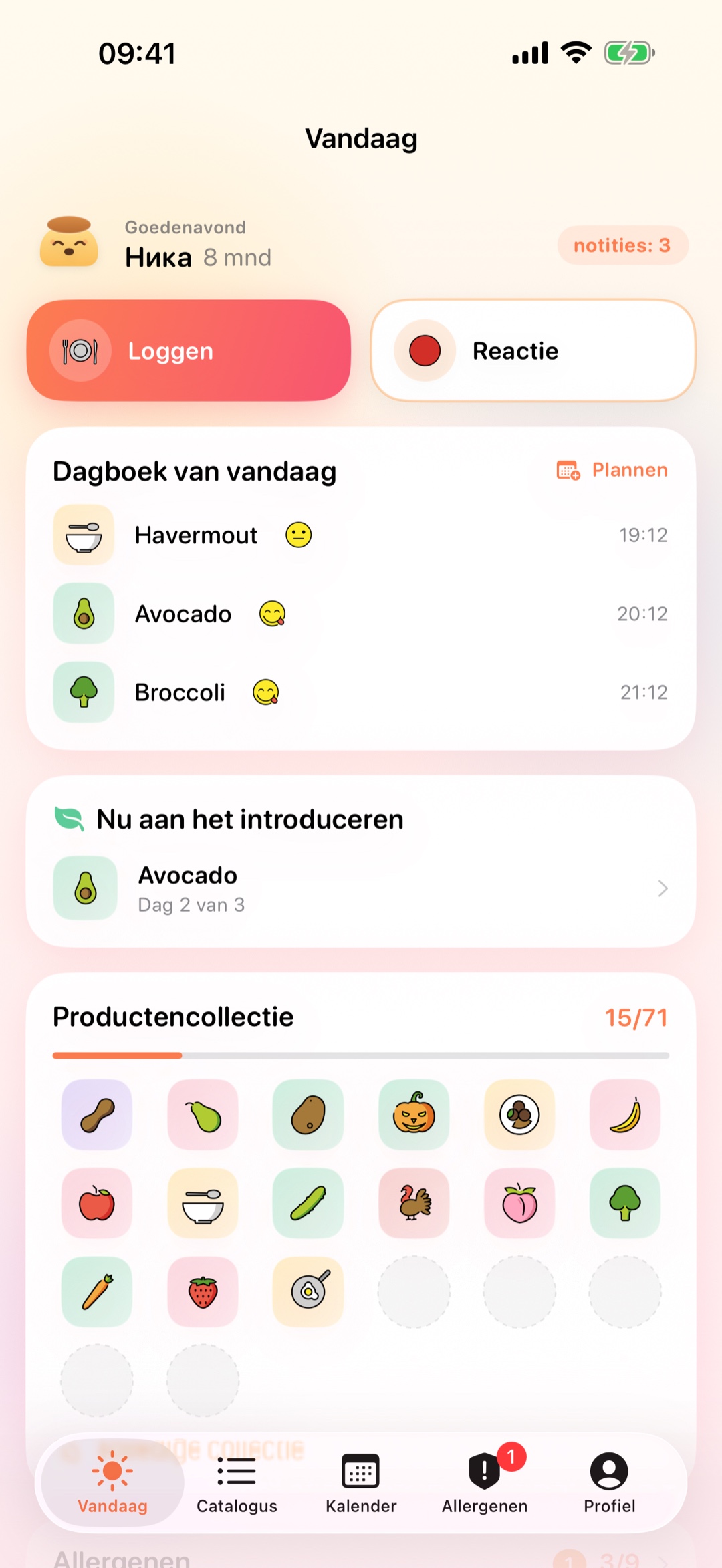 Startscherm van Pudding: dagboek van vandaag en productenverzameling