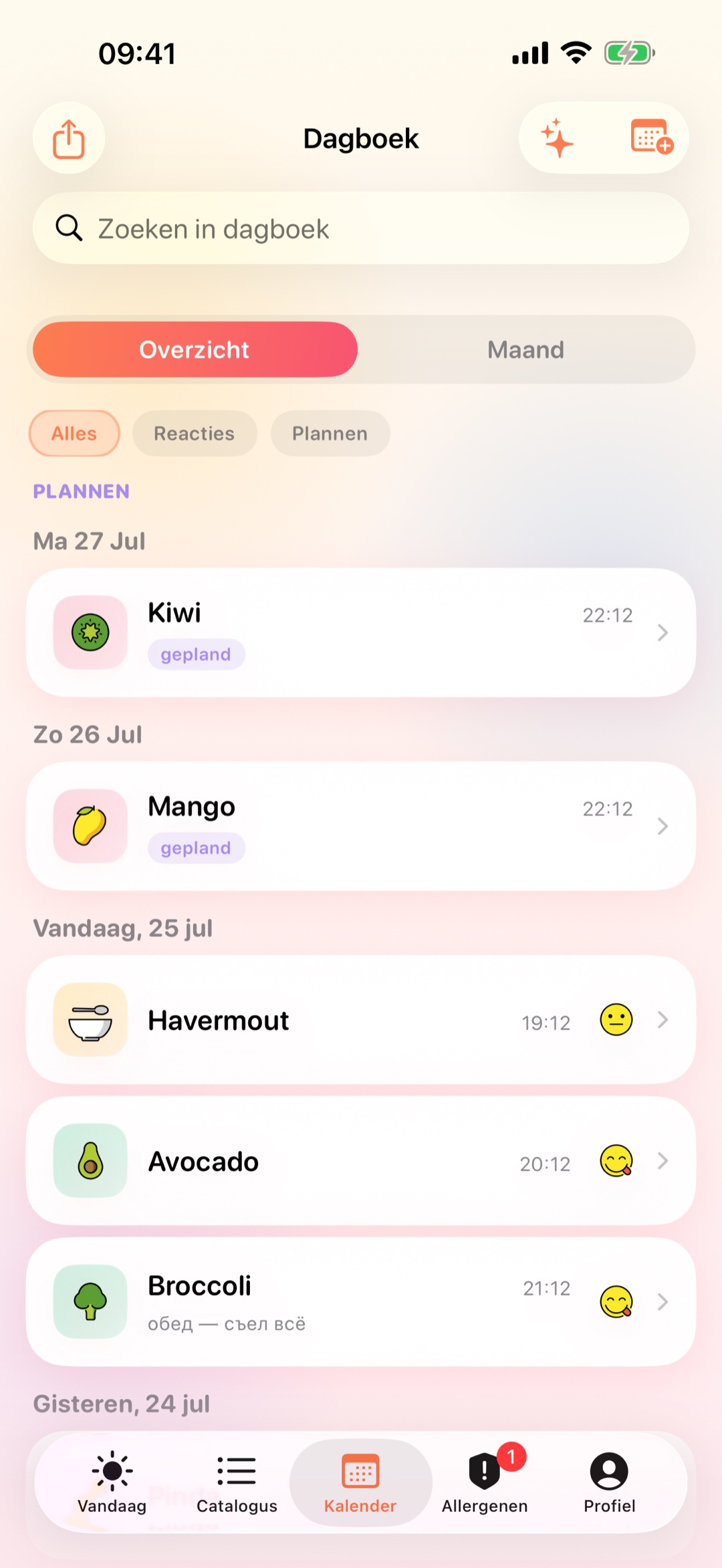 Kalenderoverzicht met filters en geplande voedingen