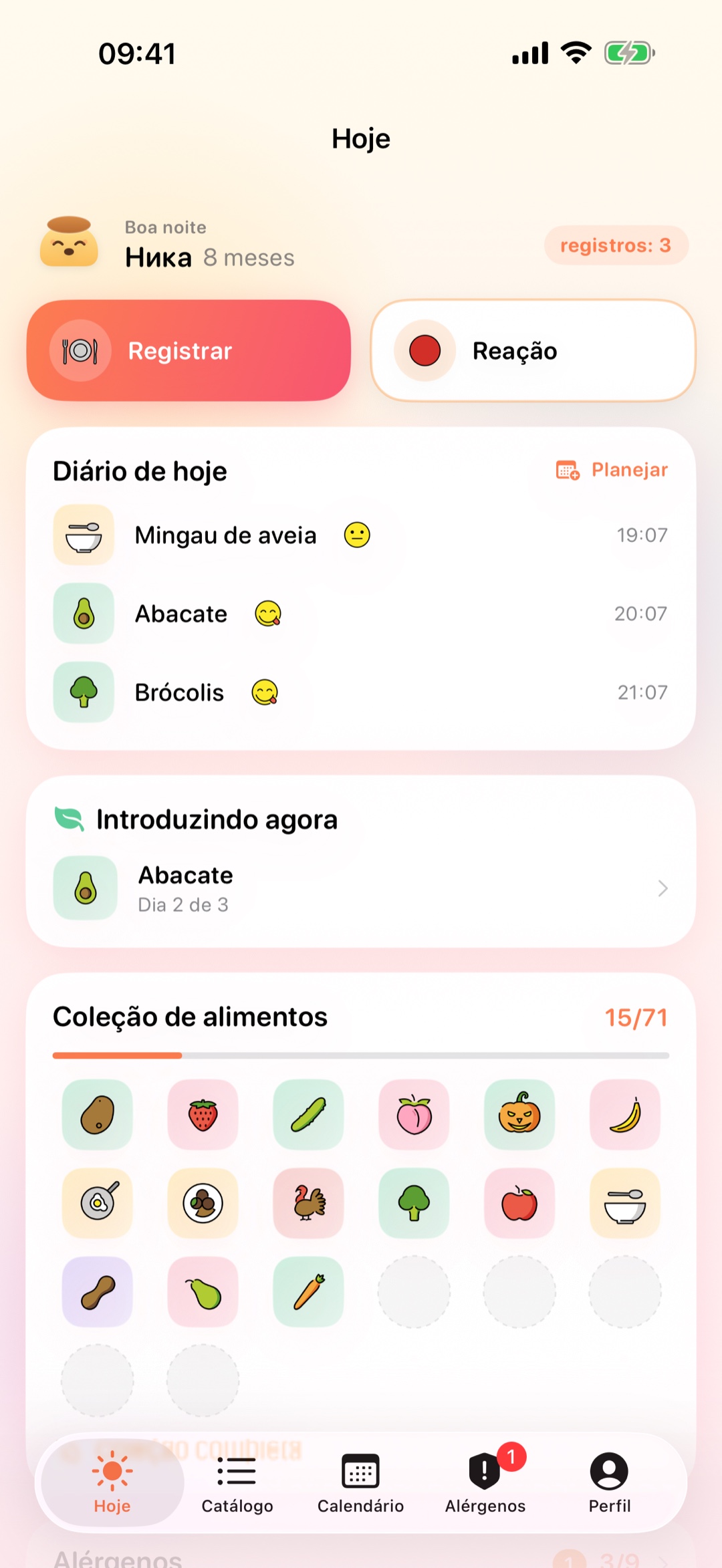 Tela inicial do Pudding: diário de hoje e coleção de alimentos