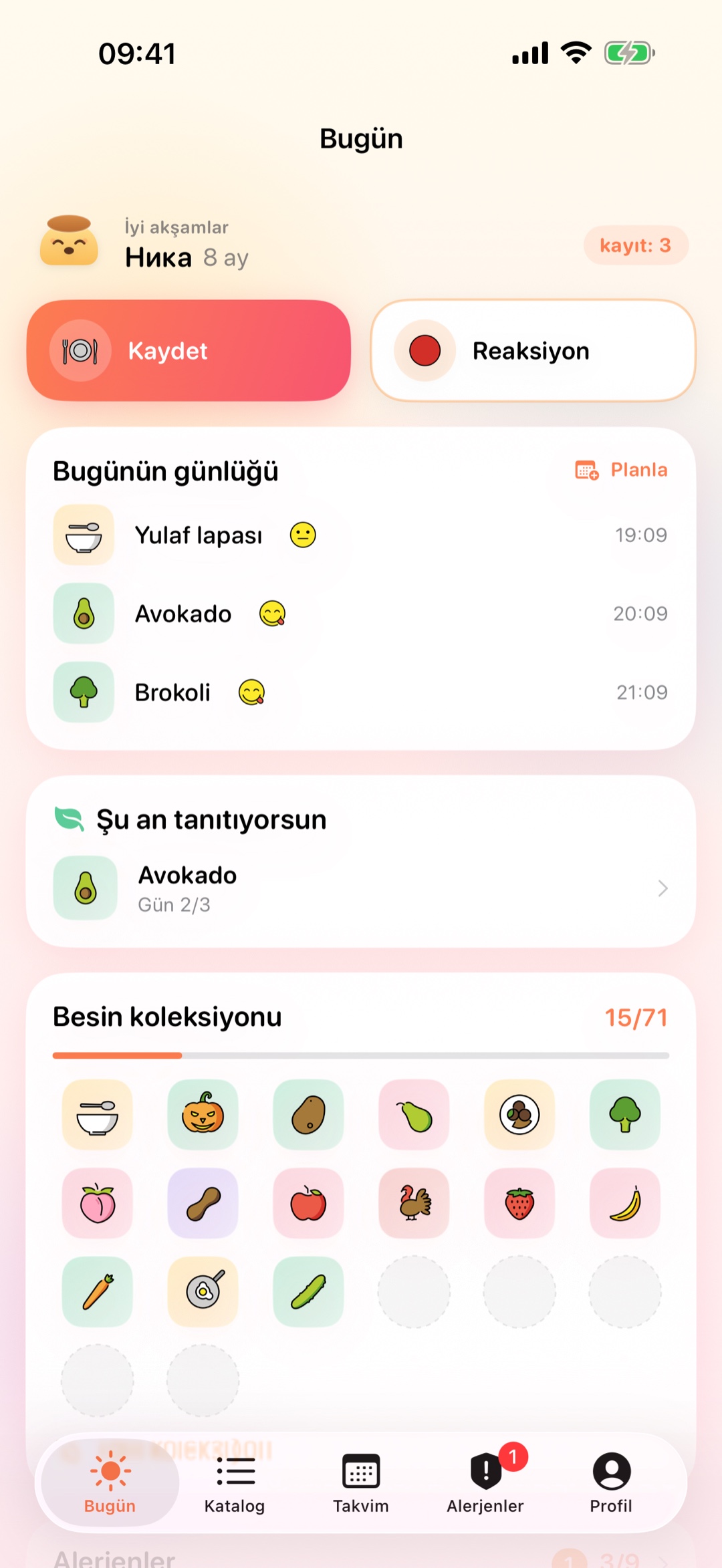 Pudding ana ekranı: bugünün günlüğü ve gıda koleksiyonu